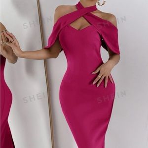 Halter Bodycon hot pink midi dress